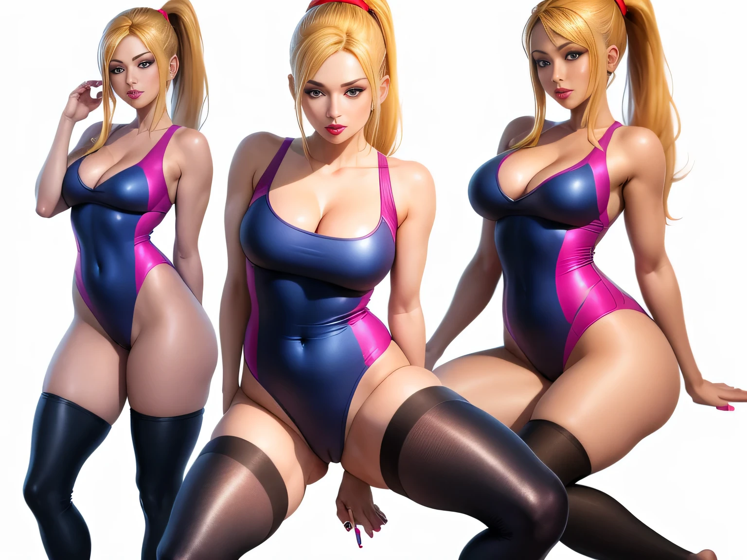 Samus Aran, blue eyes, stunning proportions, skin-fit one piece swimsuit, white background, long hair, ponytail, extremely detailed, shiny, full body shot, cleavage, on back, spread legs, pink lipstick, on back, sleeveless, thighhighs, in love with the viewer