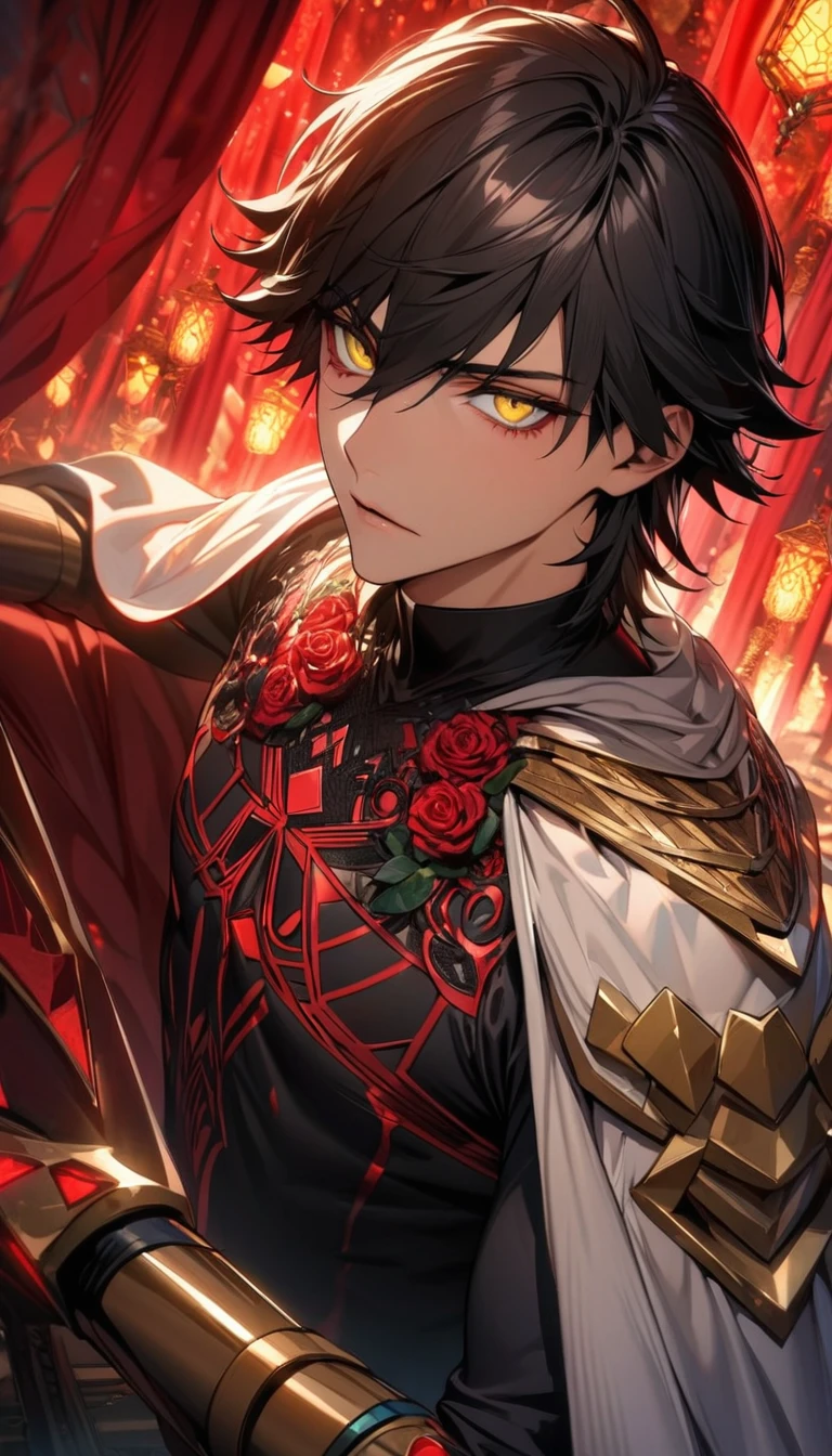 absurdres, highres, ultra detailed, HDR, masterpiece, extremely detailed face and eyes, beautiful eyes, perfect face, delicate features, Ozymandias, expressive yellow eyes, black hair, Fate Grand Order, solo, man, handsome, in wonderland, red roses, red curtains, shining red lights, white cape, tight black shirt, patterns