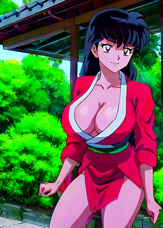 masterpiece, best quality, 1girl, solo, Kagome Higurashi, 25 years old, matured face, beautiful detailed eyes, ultra detailed eyes, extremely detailed face, large breasts, cleavage, very busty, big hips, strong muscles, athletic figure, She stands tall while wearing a short red kimono. she's looking directly at the camera with an confident smirk. Her gaze is both alluring and fierce. fighting stance, defensive pose, dynamic pose, martial arts, female fighter, Anime style, Every detail showcases her alluring presence and creating a sense of timeless allure. Perfect Anatomy,(Professional Lighting), 4k textures, epic artistic, sharp focus, even lighting, insane details, intricate details, hyperdetailed, rich colors, BREAK Outdoors, the view of the green forest, Japanese architecture in the surroundings. The image radiates a sense of high-quality artistry, captivating the viewer with its masterful execution.
