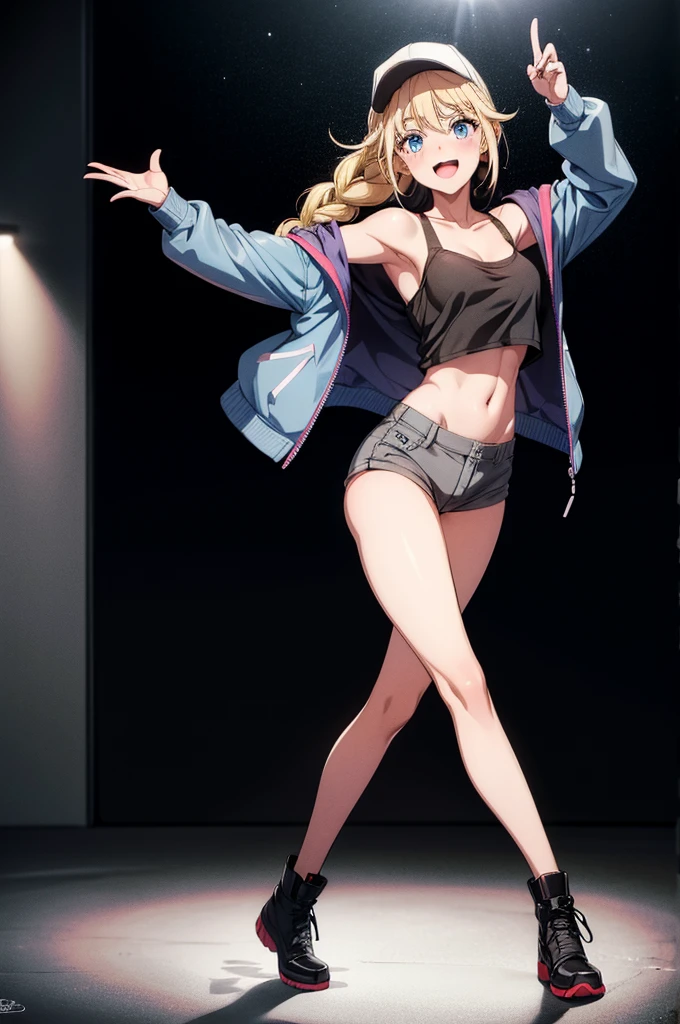 (((grayscale)))(masterpiece:1.2, best quality), (graffiti wall:1.15), 1lady, beanie, jacket, Leggings, blue eyes, fullbody,1girl,dancing,smile,pole_dance,blush,beautiful_bronde_hair,beautiful_red_eyes,1_beautiful_girl,cute_face,beautiful,perfect_quality,perfect_anatomy,perfect_hands,masterpiece,show on the stage,light up on the stage,Excited 100 audiences,dark room,tanktop,short_hotpants,Navel_exposed,brown_boots,perfect_quality,beautiful,Eiko Tsukimi, blue eyes, braid, twin braid,(((blonde hair))),baseball cap