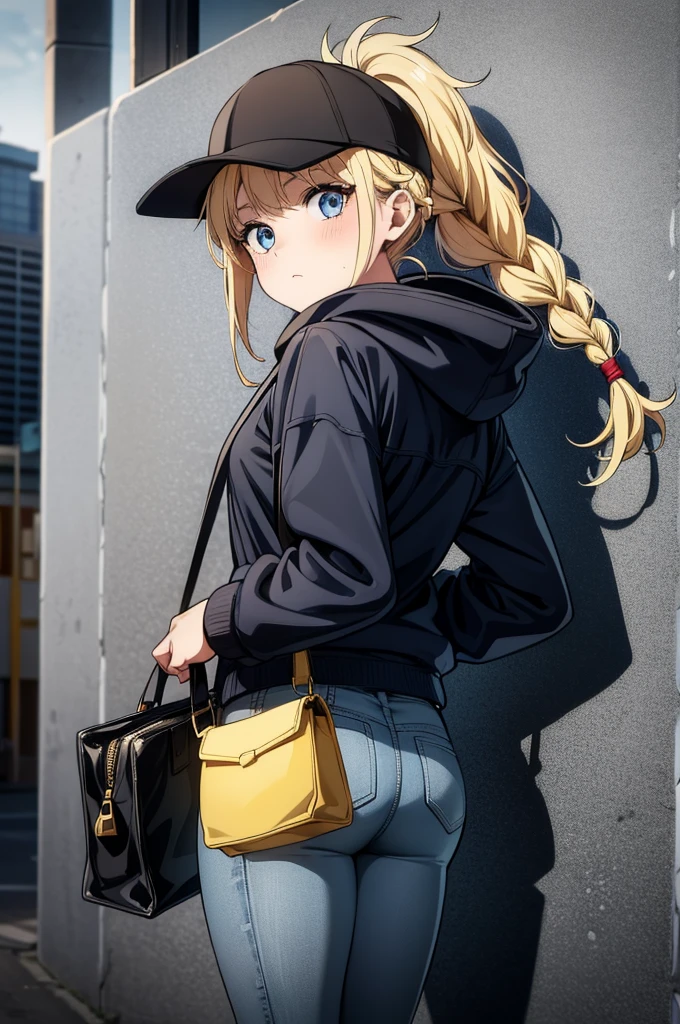 woman in hat and black pantyhose standing in front of graffiti wall, 1girl, solo, hat, blonde hair, braid, blue eyes, baseball cap, ass, denim, long hair, looking at viewer, pants, black headwear, looking back, hood, bag, blush