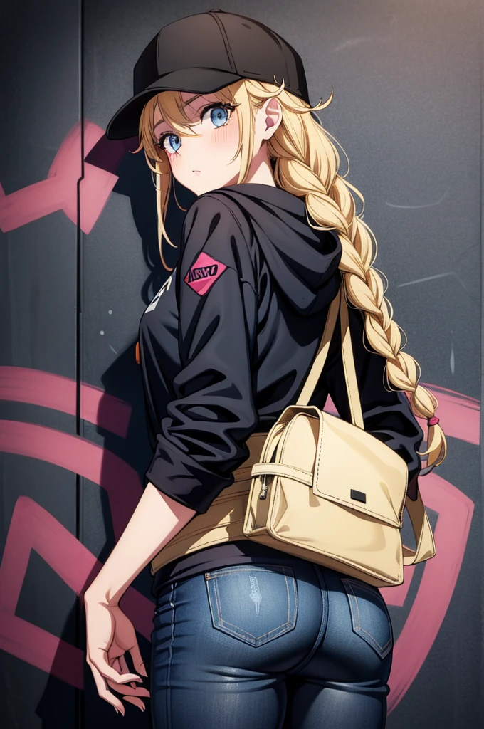 woman in hat and black pantyhose standing in front of graffiti wall, 1girl, solo, hat, blonde hair, braid, blue eyes, baseball cap, ass, denim, long hair, looking at viewer, pants, black headwear, looking back, hood, bag, blush