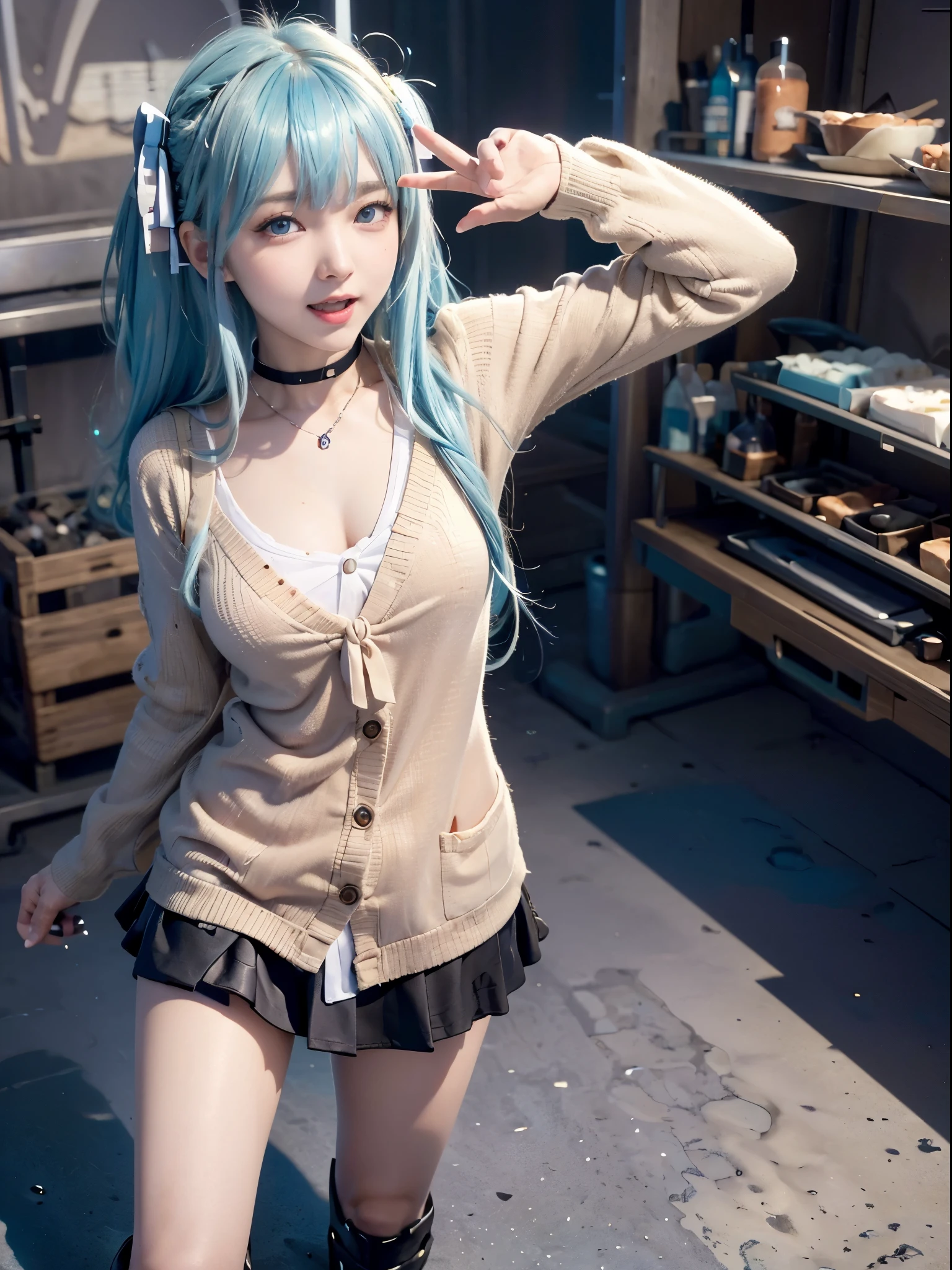 Ultra-realistic, High resolution, photograph, Film Grain, chromatic aberration, Sharp focus, High resolution, Face Light, Dynamic Lighting, Cinema Lighting, Professional Shadow, Simple Background, (from below:1.2), (panties shot:1.2), Outdoors along the coast、Swinging bangs、Bangs care、Half-down two-side-up hairstyles、hair care、Cute Asian 16 year old ultimate beauty、mini skirt、Glossy white beautiful skin、Sexy and very beautiful、A very pretty face with ultimate beauty、(Ocean blue hair color:1.3)、Smooth straight hair、Large, narrow eyes with a shining clarity、(Put on droopy eye makeup:1.3), 、Cat ear、(Wearing a beige cardigan over a white open-necked shirt、黒い格子柄のマイクロmini skirt)、A wide open mouthed laugh、