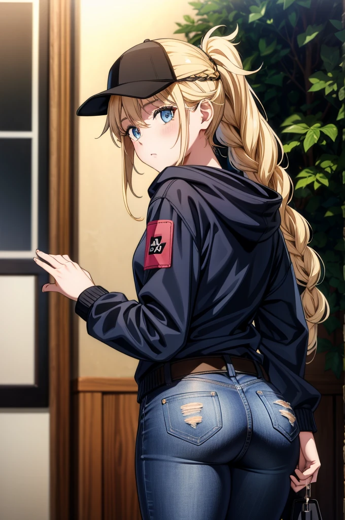 a black high waist jeans and hat on an animated woman with her long hair in a ponytail, 1girl, hat, denim, blonde hair, solo, pants, looking back, ass, blue eyes, braid, black headwear, long hair, jacket, baseball cap, bag, outdoors, jeans, looking at viewer, hood, blush, holding bag, long sleeves, from behind, holding