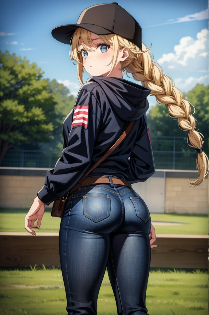 a black high waist jeans and hat on an animated woman with her long hair in a ponytail, 1girl, hat, denim, blonde hair, solo, pants, looking back, ass, blue eyes, braid, black headwear, long hair, jacket, baseball cap, bag, outdoors, jeans, looking at viewer, hood, blush, holding bag, long sleeves, from behind, holding