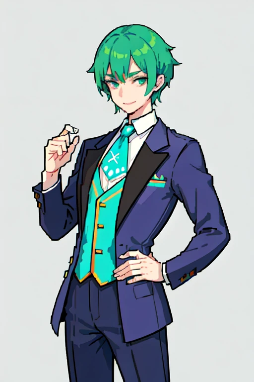 Slim man with a small purple hair smile, ojos verdes, vestimenta elegante color morado y corbata verde