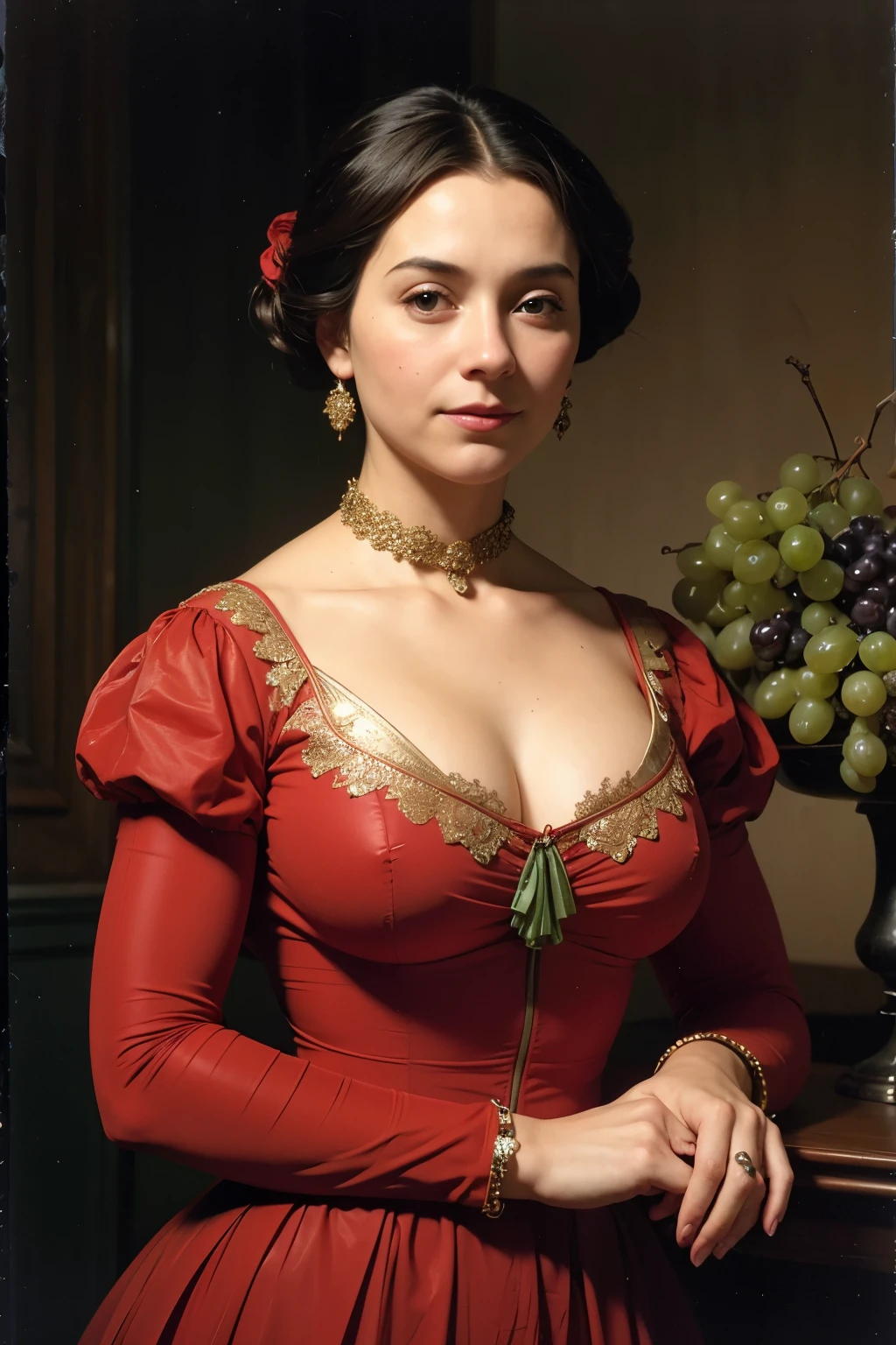 woman with green grapes, half-length portrait, in red clothes