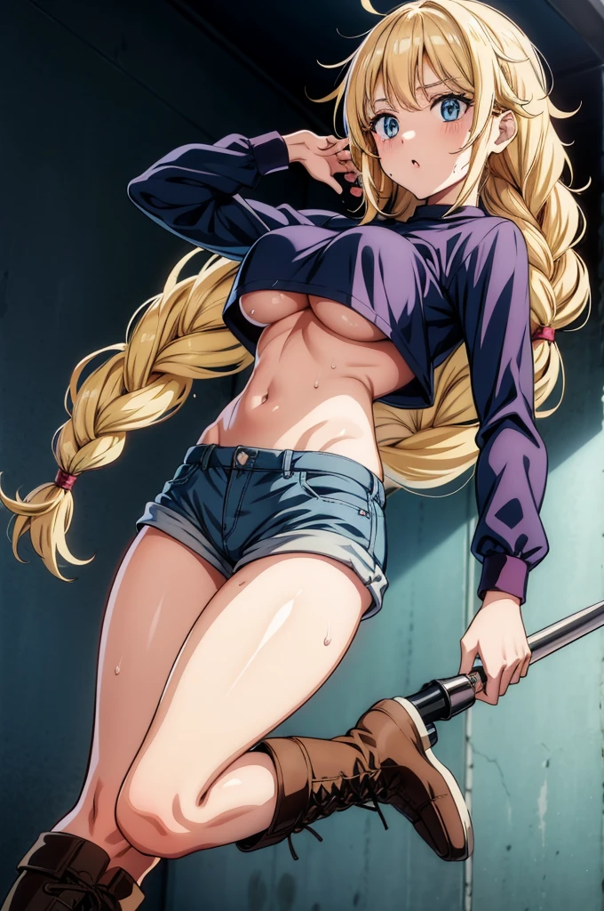 female anime character holding a canvas bag with a pistol in her hand, 1girl, breasts, large breasts, solo, shorts, shirt, long hair, braid, blue eyes, black shirt, blonde hair, bag, crop top, navel, long sleeves, sweat, stomach, underboob, short shorts, boots, thighs