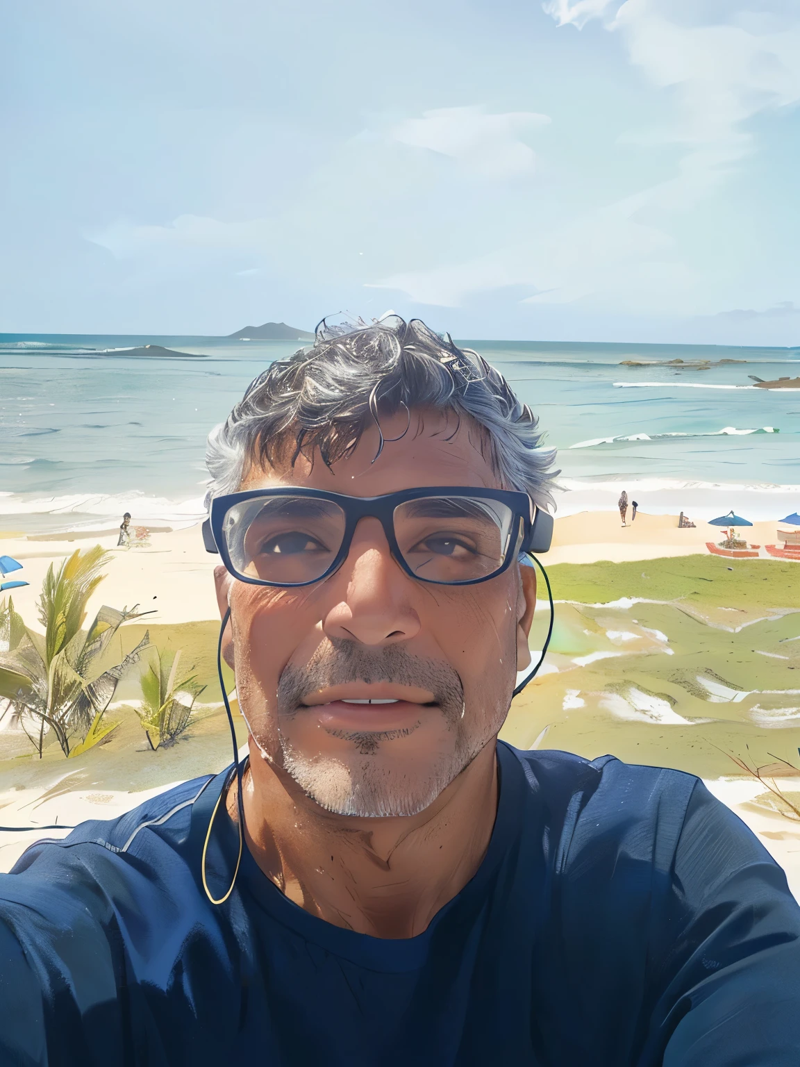 there is a man with glasses and headphones on the beach, david rios ferreira, fotografia selfie 8k, In a seaside setting, standing near the beach, edu souza, icaro carvalho, inspired by Antônio Parreiras, o oceano ao fundo, por Luis Miranda, by Felipe Seade, parado na praia