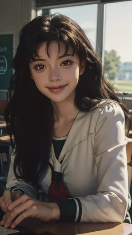 best quality, masterpiece, close-up, portrait, 1girl, higurashi kagome, black hair, brown eyes, long hair, medium breasts, serafuku, sailor collar, indoors, classroom, looking at viewer ,smile