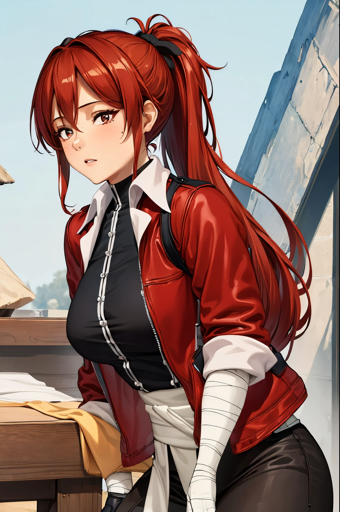 (masterpiece, best quality:1.2), expressive eyes, perfect face, highres, 1girl, solo, (female:1.5), StarkFrieren, red jacket, black shirt, long hair, ponytail, white sash, black pants, bandages, gloves, standing, cowboy shot, looking at the viewer