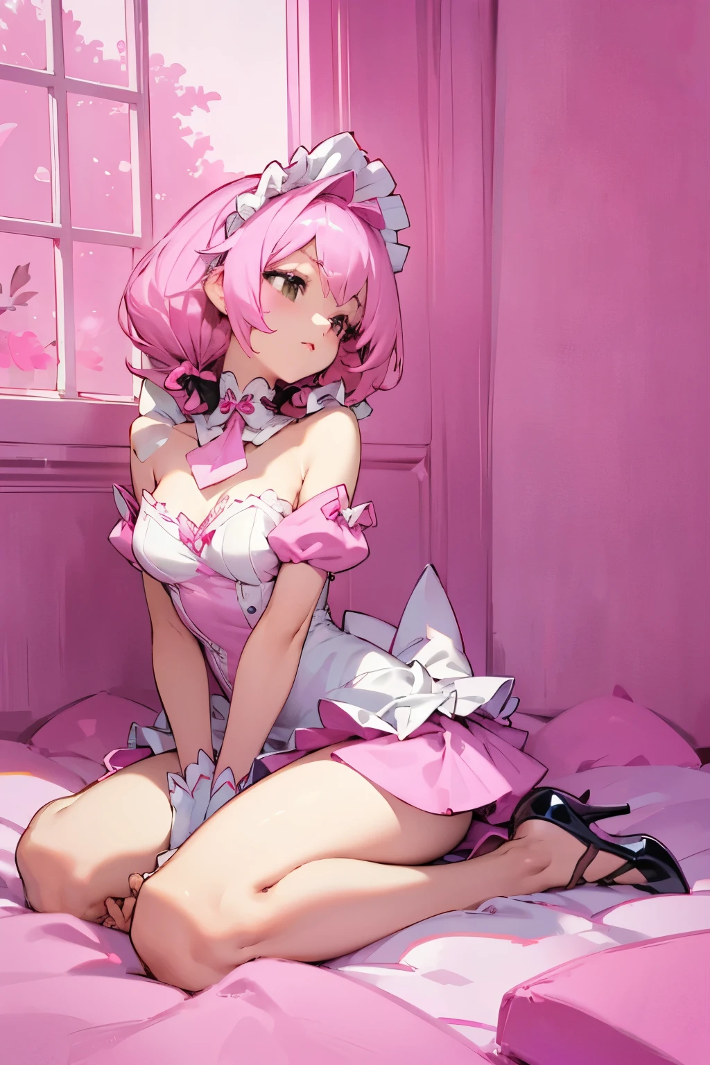 high quality, high heels,  cute, bare shoulders, (medium breasts:0.9), (sideboob:0.9), thighs, skirt, doggystyle, sideless dress, creampie, (maid uniform:1.1), (adjusting clothes:1.1), leaning forward, sitting on bed, wariza, window, alley way, sharp focus(pink theme:1.3), (pink tone:1.3), (bright pink tone:1.3), illustration, (anime coloring:1.1), (masterpiece:1.2) (best quality:1.2), newest, (intricate details:1.2), ai-generated