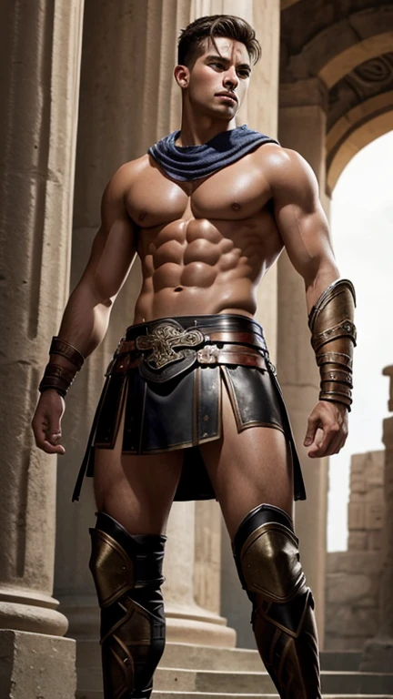 Awsome attractive gladiator, male 23 years old, toned abs, close-up, full body image, ancient gladiator wearing leather skirt