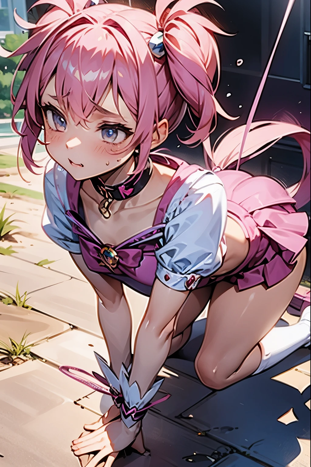 Magical girl,Short twin-tailed pink hair,Kindergarten Girls,On all fours,Being walked by a dog,Collar with leash,regret,master-slave reversal,Big dog,Bullying,Exposed