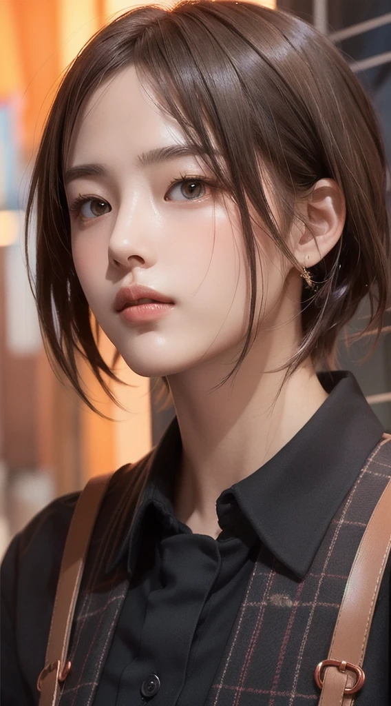 Realistic, Tabletop, highest quality, RAW Photos, One Girl, alone, Handsome Short Hair, copper colored hair、Detailed face, Attractive face, Black collared shirt, Medium chest, Dynamic pose, View your viewers, From below, Detailed Background, Fine details, Intricate details, Ray Tracing, Depth of written boundary, Low Key, Hmph