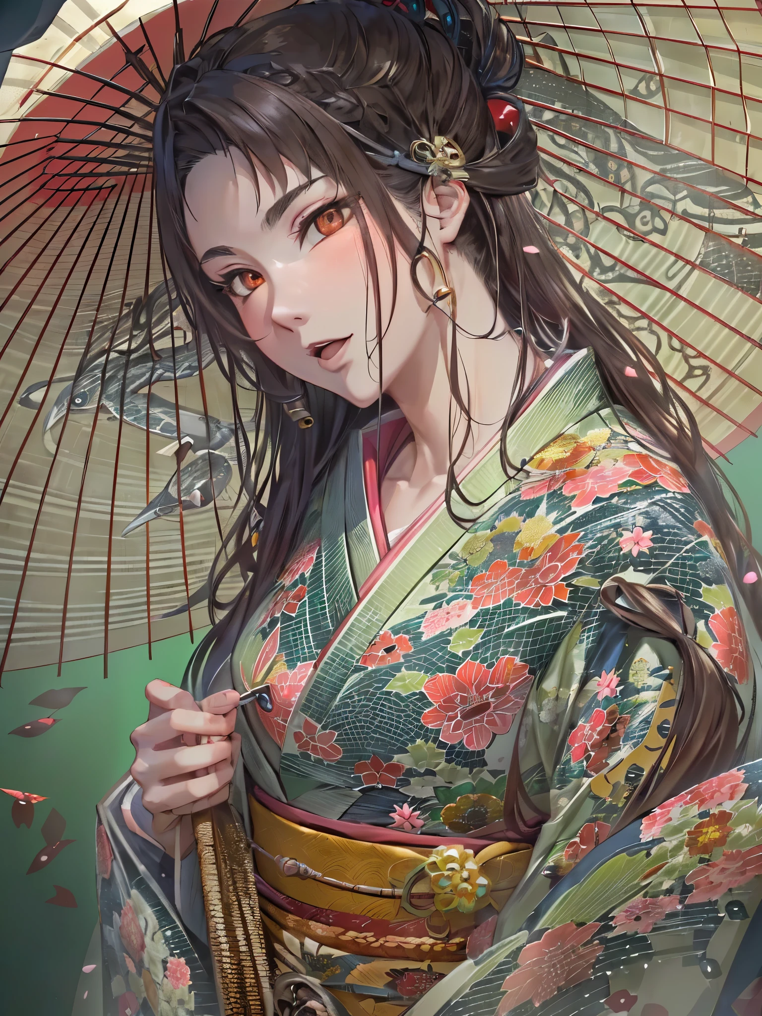 ((highest quality)),(Ultra-high resolution),(Very detailed),(Detailed Description),((The best CG)),(A masterpiece),Ultra-precise art,amazing drawing art,(Japanese art with intricate detail:1.5), (woman:1.5),(Beautiful and well-proportioned face:1.5),(Kimono with intricate and detailed design:1.5),(Snake eye umbrella:1.7),Beautiful woman looking back:1.3, Rainy weather:1.4,Hydrangea:1.3