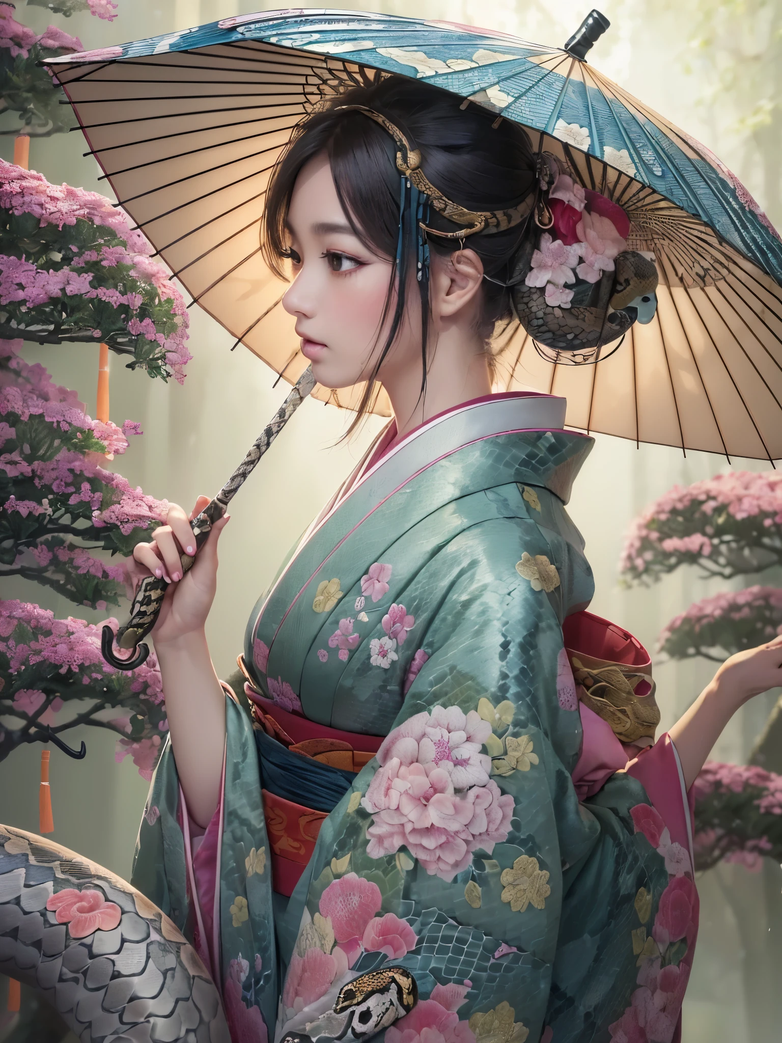 ((highest quality)),(Ultra-high resolution),(Very detailed),(Detailed Description),((The best CG)),(A masterpiece),Ultra-precise art,amazing drawing art,(Japanese art with intricate detail:1.5), (woman:1.5),(Beautiful and well-proportioned face:1.5),(Kimono with intricate and detailed design:1.5),(Snake eye umbrella:1.7),Beautiful woman looking back:1.3, Rainy weather:1.4,Hydrangea:1.3