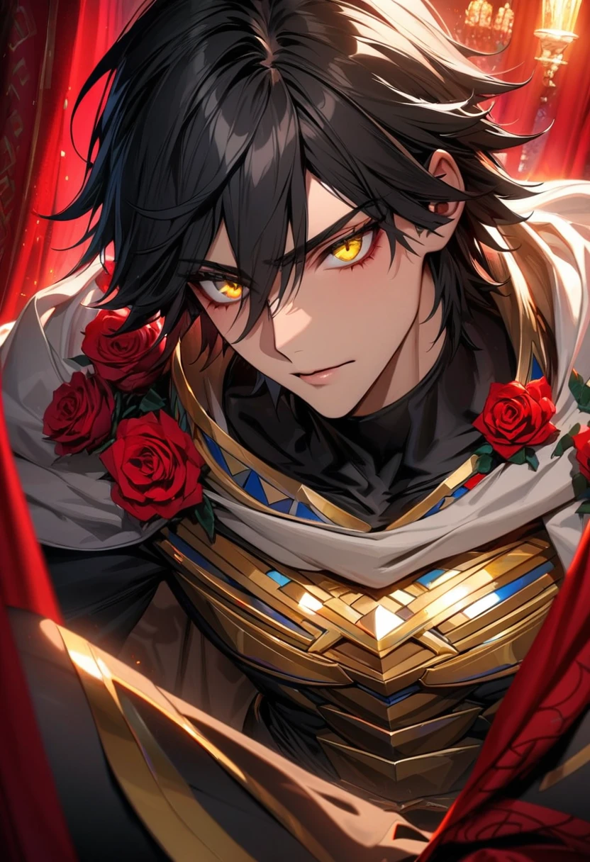absurdres, highres, ultra detailed, HDR, masterpiece, extremely detailed face and eyes, beautiful eyes, perfect face, delicate features, Ozymandias, expressive yellow eyes, black hair, Fate Grand Order, solo, sexy man, handsome, in wonderland, red roses, red curtains, shining red lights, white cape, tight black shirt, black pants, patterns