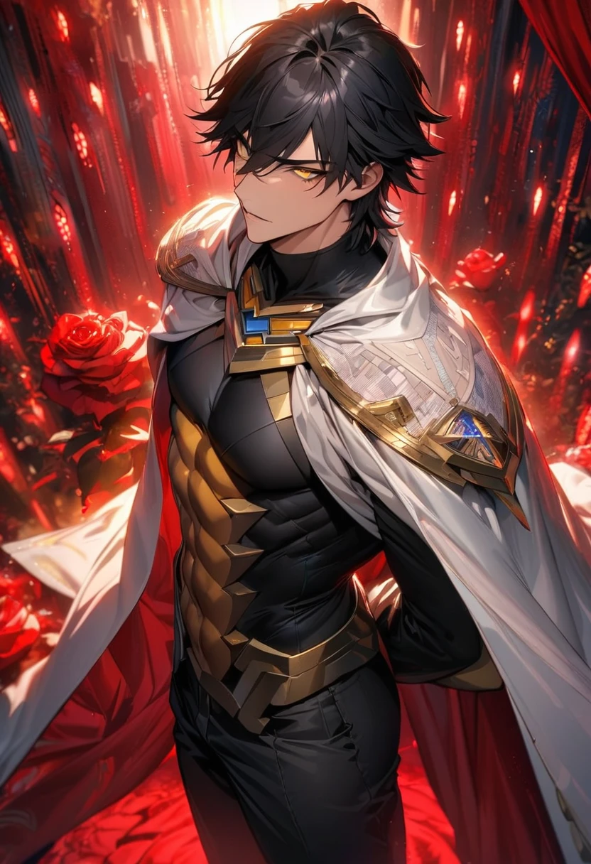 absurdres, highres, ultra detailed, HDR, masterpiece, extremely detailed face and eyes, beautiful eyes, perfect face, delicate features, Ozymandias, expressive yellow eyes, black hair, Fate Grand Order, solo, sexy man, handsome, in wonderland, red roses, red curtains, shining red lights, white cape, tight black shirt, black pants, patterns
