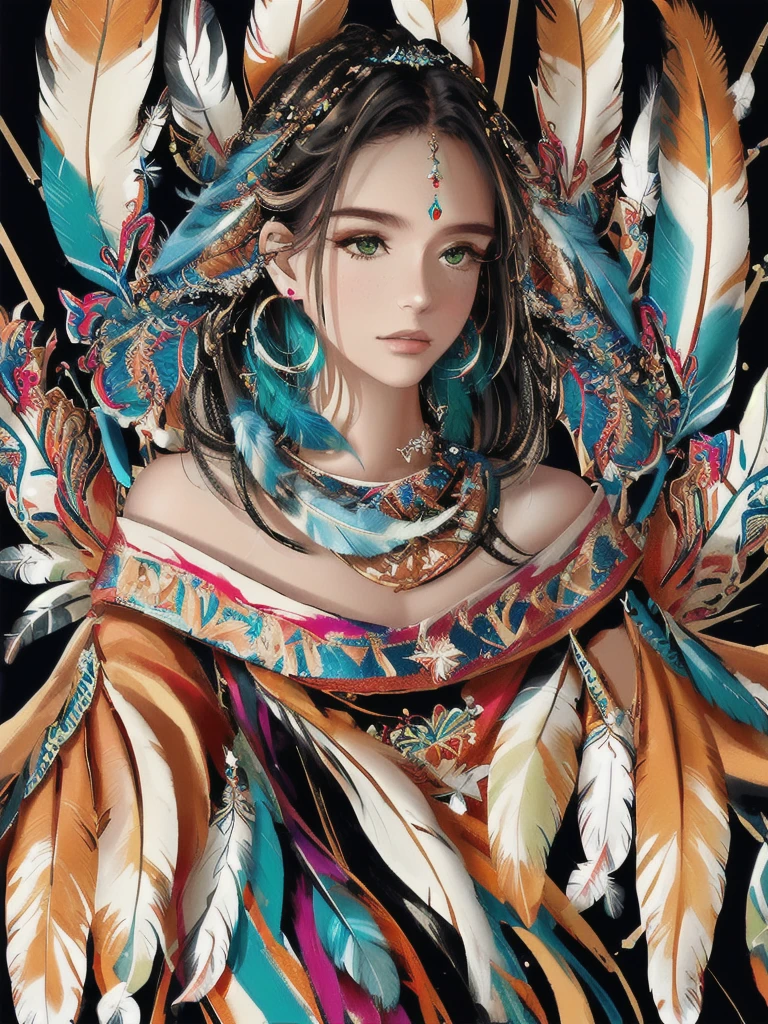(masterpiece, top quality, Best quality, official art, beautiful and aesthetically pleasing:1.2), (1 girl, mature:1.3, got old:1.3), long hair, braid sidelocks, Extremely detailed,(fractal art:1.1),(colorful:1.4)(spilled paint:1.3),The most detailed,(zentangle:1.2), (dynamic pose), (abstract background:1.3), (shiny skin), (many colors:1.4),(earrings:1.4), (feathers:1.4), cowboy shot