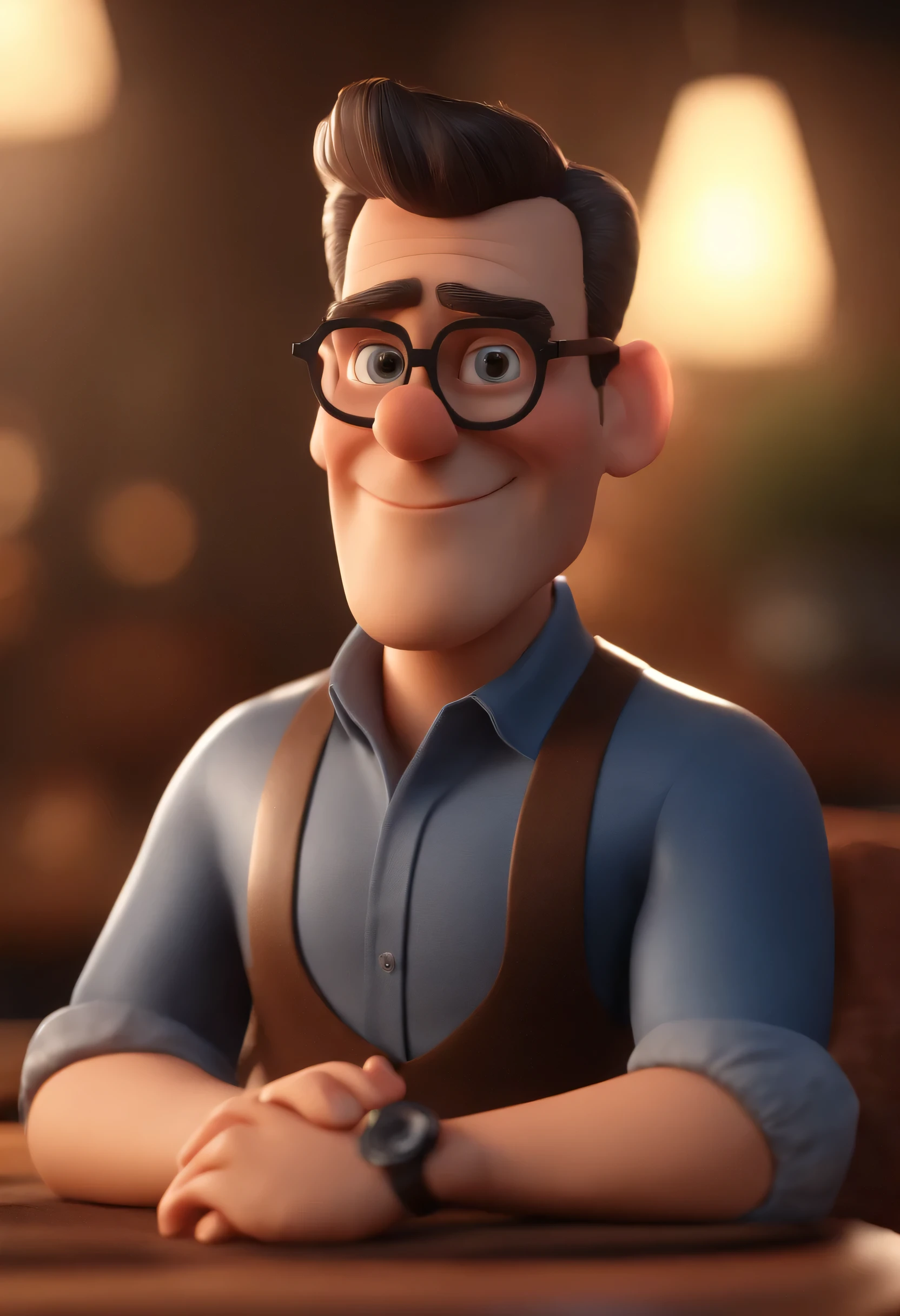 Cartoon character of a man wearing black glasses and a blue shirt, animated character, stylized character, animation style rendering, 3D stylized, Arnold Maya render, 3D rendering stylized, cartoon key frame rendering, 3D character, 3D character, 3D rendering stylized, 3D rendering of characters, cartoon character, character close up, Character pose,  (pixar style) (main part:1.2) (hips) (Best quality) (detailed skin) (detailed texture) (8K) (clay) (cinematic lighting) (sharp focus