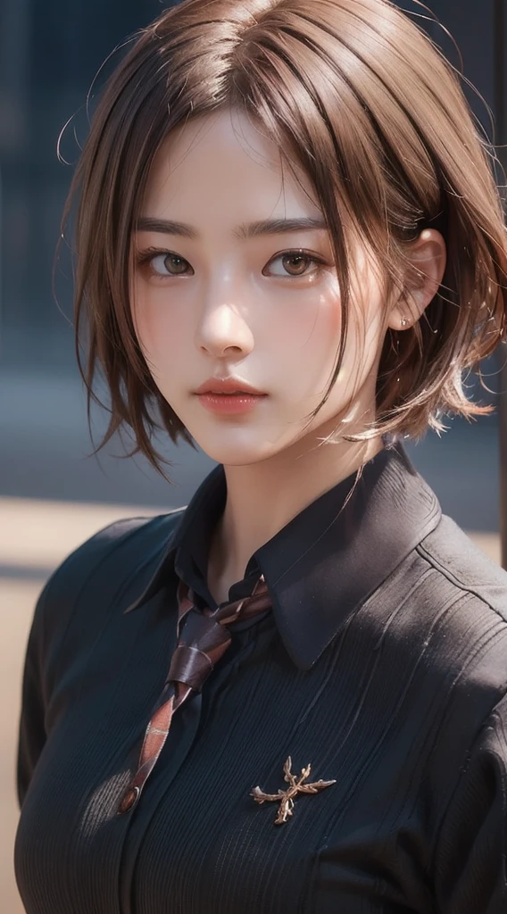 Realistic, Tabletop, highest quality, RAW Photos, One Girl, alone, Handsome Short Hair, copper colored hair、Detailed face, Attractive face, Black collared shirt, Medium chest, Dynamic pose, View your viewers, From below, Detailed Background, Fine details, Intricate details,  Ray Tracing, Depth of written boundary, Low Key, Hmph