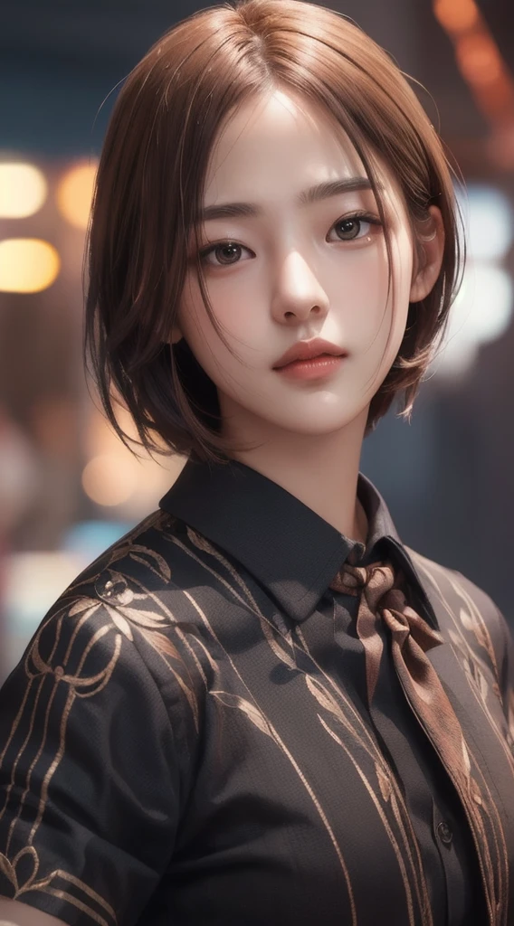Realistic, Tabletop, highest quality, RAW Photos, One Girl, alone, Handsome Short Hair, copper colored hair、Detailed face, Attractive face, Black collared shirt, Medium chest, Dynamic pose, View your viewers, From below, Detailed Background, Fine details, Intricate details, Ray Tracing, Depth of written boundary, Low Key, Hmph