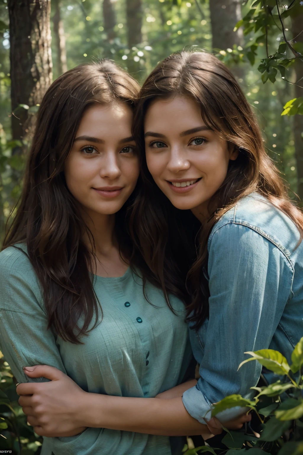 (Best quality, Ultra-detailed: 1.1), Cinematic portrait of two brunette women, best friends, dressed in denim, smiling happily, cuddling each other, wavy hair flowing in the wind, perfect bodies, slender and toned, perfect hands with delicate fingers, situated in a forest background, intricately detailed, shallow depth of field, volumetric forest light filtering through the trees, warm natural colors, (warm sunlight filtering through: 0.8), (high dynamic range: 1.3), (lush green foliage and colorful flowers: 1.2), ( Cinematic: 1.0), (women