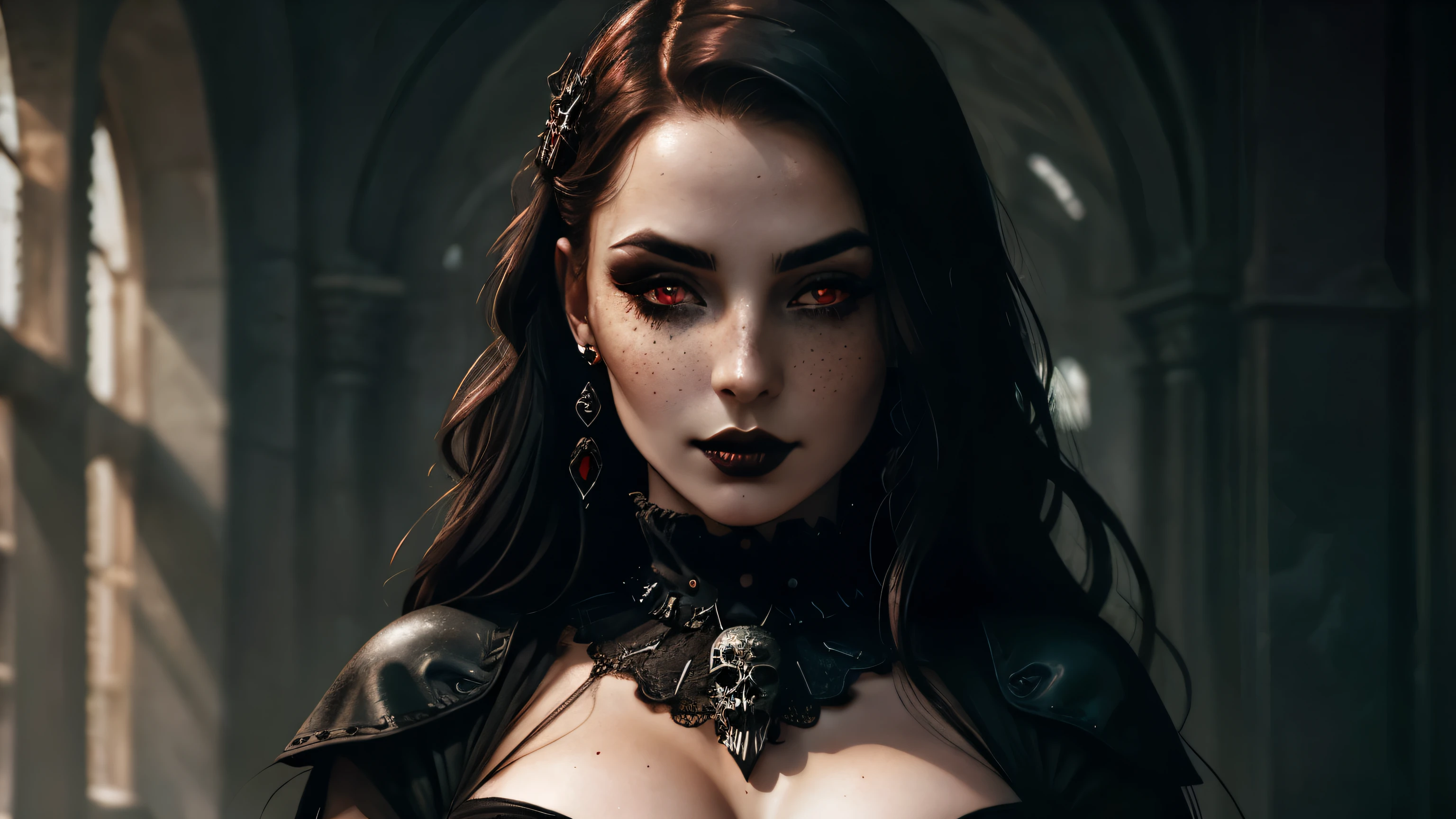 (best quality, hyperdetailed photography:1.2), beautiful lady, freckles, gothic dark makeup, soft light, perfect breast, cover, (detailed beautiful face, detail skin texture, ultra-detailed body:1.1) sexy vampire girl, red eyes, perfect body, skull, blood