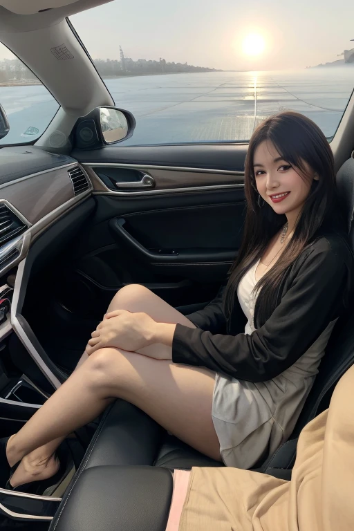 Codriver,blurry. 1girl, ((smile)), blue eyes, raised knees, yellow shord dress and red stockings and shoes, hips, looks at the viewer, codriver, sharp focus,sunset, volumetric fog