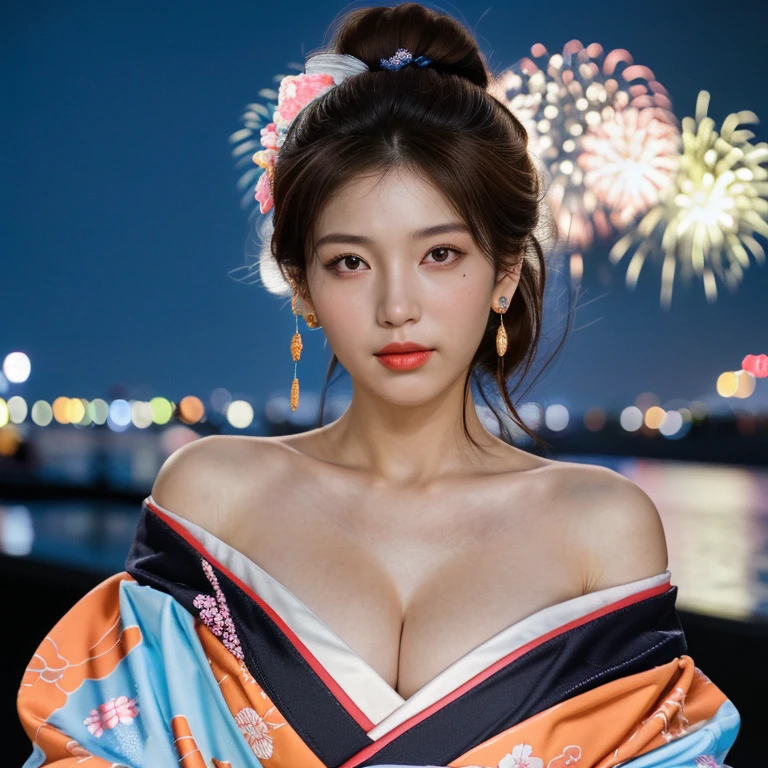 8K, high-level image quality, Ulutra HD, top-quality, Master masterpiece, 超A high resolution, Photorealsitic, 1girl in, off shoulders, A smile、(A dark-haired:1.6)、(tanned skin to brown)、Dark makeup、gals、Heavy makeup、Burst breasts、bbw、Muchimuchi、Glowing skin、a blond、(bbw:1.5)、Fat body、Fat face、People with Japan々、25-years old、(Muchimuchi:1.7)、Tight face、Muchimuchi's body、Sexy face、Dark makeup、Japan Beauty、(fullllbody:1.3)、Glossy skin、(sarashi)、beautiful foot、Brown skin color、(Big fireworks and moon:1.8)、Whole human body、A smile、(Colorful kimono:1.5)、Heavy makeup、Flipping the kimono、a dark night、Big fireworks background, poneyTail, Arms crossed behind your back, Twin-tailed, Luxury kimono, hair adornments, solo, (Spreading a kimono:1.5)