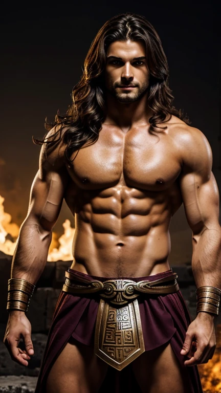 Greek Hoplite Warrior, young male, ripped abs, long wavy hair, evil smirk,