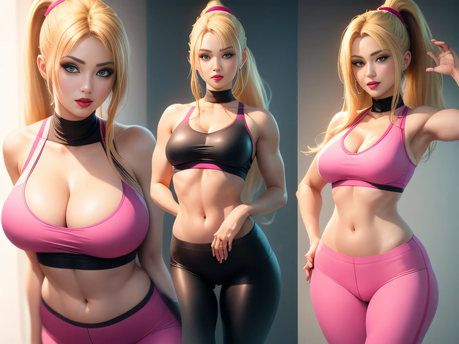 Samus Aran, blue eyes, stunning proportions, skin-fit yoga pants, white background, long hair, ponytail, extremely detailed, shiny, full body shot, cleavage, spread legs, pink lipstick, sleeveless, in love with the viewer