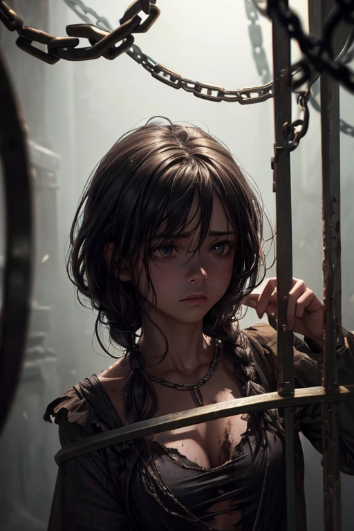 (best quality,4k,8k,highres,masterpiece:1.2), ultra-detailed, (realistic,photorealistic,photo-realistic:1.37), 2girls, a slave, a cage, flattened chest, dirty shirt, torn
(portrait,illustration), (dark,grim,depressing:0.9), dim lighting, dirty surroundings, sad expressions, metal cage bars, dusty floor, wooden cage structure, despair, poor lighting conditions, dirty texture on the shirt, gloomy atmosphere, shading, chains, shadows, despairing eyes, sad faces, soft shadows