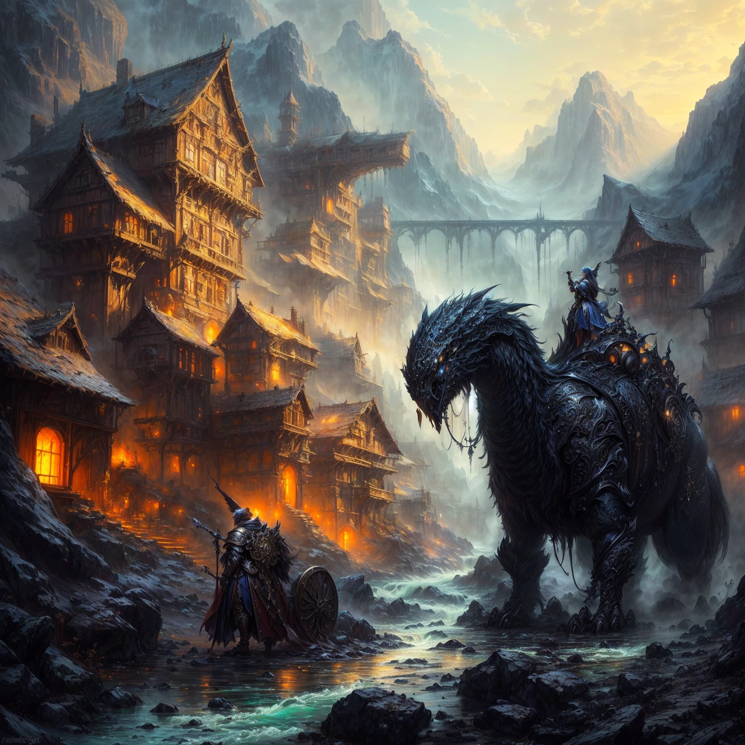 Meisterwerk, best quality, (extrem detailliertes CG Unity 8k-Hintergrundbild), (best quality), (beste Illustration), (bester Schatten), absurdesten, realistische Beleuchtung, (Abgrund), beautiful, detailliertes Leuchten,Araffe in einer Fantasywelt mit einem Bergdorf und einem Fluss, hyperrealistisches d & D Fantasy-Kunst, epische Fantasy-Sci-Fi-Illustration, episches Fantasy-Kunstwerk, 4K-Fantasy-Kunst, highly detaileD Fantasy-Kunst, Symmetrische epische Fantasy-Kunst, epische Fantasy-Illustration, epic fantasy painting, bussiere rutkowski andreas rocha, detailed matte fantasy painting