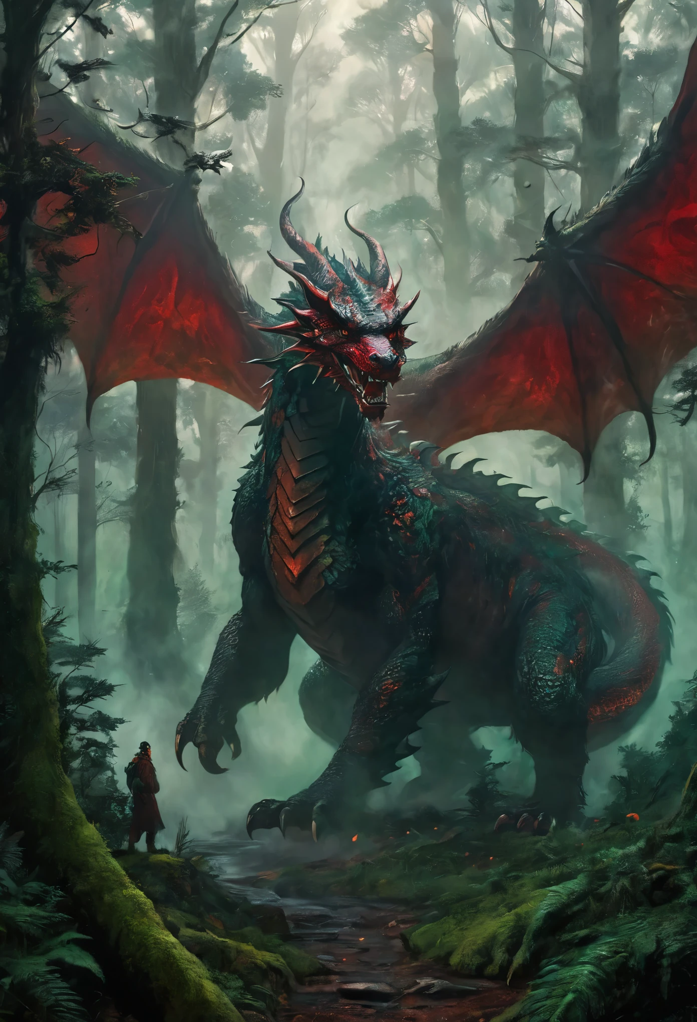 facing to the viewer, Mystical giant looks like a giant dragon dracarys (((gentle creature made of mist))), insane huge size, intricate patterns of red in its dark green fur, in a dark scary highly detailed forest, surrounded by birds.