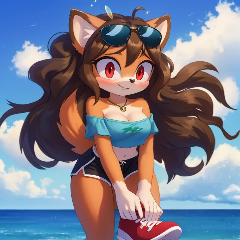 mobian, hedgehog, two-tone fur ((orange fur, brown fur)), pyjama elastic shorts, strapless crop top, cleavage, high-top sneakers, two-tone hair (brown hair, black tip)), curly hair, halo, sunglasses, jewelry, red eyes, longeyelashes, red eyes, smile, shy, blush, high detail, masterpiece, UHD, anatomically correct, super detail, highres, 4K