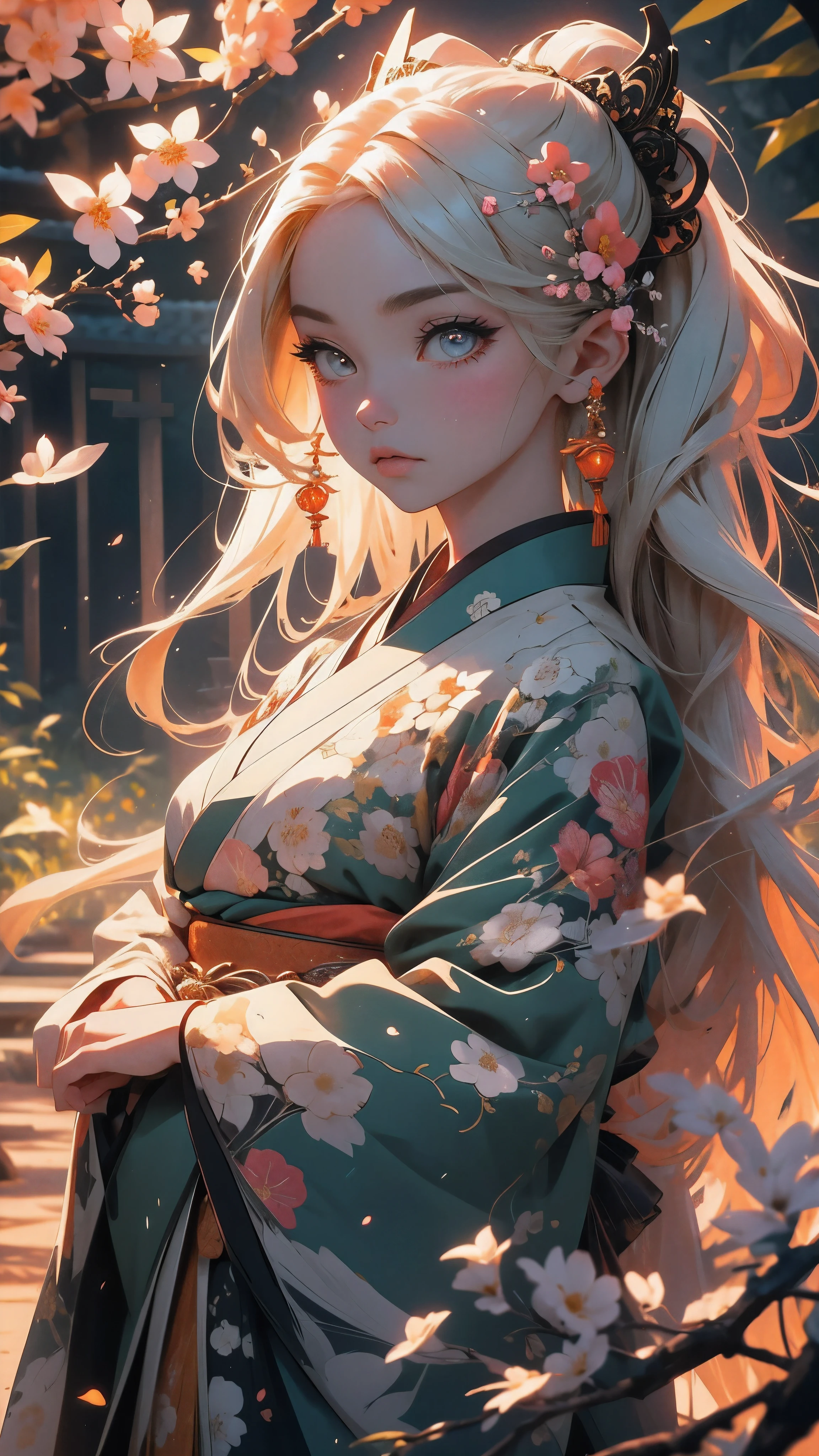 A girl with a beautiful face, expressive eyes, and full lips, representing the mythical creature known as the nine-tailed fox in Japanese culture. Her eyes are detailed and captivating. She has long, flowing hair with vibrant colors, resembling the fur of a fox. The girl is dressed in a traditional kimono, intricately designed with patterns and motifs inspired by nature. The medium used to depict this artwork is a mixture of traditional Japanese ink painting and digital illustration. The combination creates a unique blend of traditional and modern elements, enhancing the mystique and allure of the nine-tailed fox. In the background, there is a serene garden with cherry blossom trees, symbolizing beauty and transience. The garden is filled with vibrant colors, ranging from soft pastels to vivid hues, creating a dreamlike atmosphere. The sunlight filters through the trees, casting a gentle glow upon the girl and her surroundings. The image quality should be of the highest standard, with extreme attention to detail and clarity. It should exhibit photorealistic qualities, almost resembling a photograph. The colors should be vivid and vibrant, evoking a sense of wonder and enchantment. This artwork is characterized by its incorporation of an anime-style, capturing the essence of Japanese culture and aesthetics. The artist aims to convey the grace, elegance, and mysterious allure associated with the nine-tailed fox in Japanese folklore. The overall color tone should be warm and inviting, with a slight emphasis on earthy tones and shades of red and orange, reminiscent of autumn. The lighting should be carefully considered, with soft and diffused light illuminating the main character, creating a sense of depth and dimension. In summary, the Stable Diffusion prompt for this artwork should include the following tags: female character, nine-tailed fox, beautiful detailed eyes, beautiful detailed lips, long flowing hair, vibrant colors, traditional kimono, ink painting,