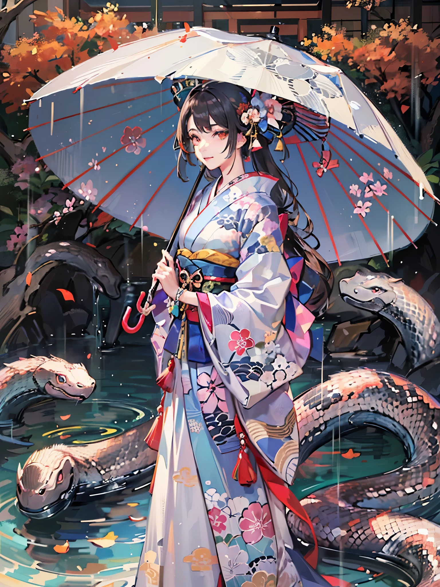 ((highest quality)),(Ultra-high resolution),(Very detailed),(Detailed Description),((The best CG)),(A masterpiece),Ultra-precise art,amazing drawing art,(Japanese art with intricate detail:1.5), (woman:1.5),(Beautiful and well-proportioned face:1.5),(Kimono with intricate and detailed design:1.5),(Snake eye umbrella:1.7),Beautiful woman looking back:1.3, Rainy weather:1.4,Hydrangea:1.3