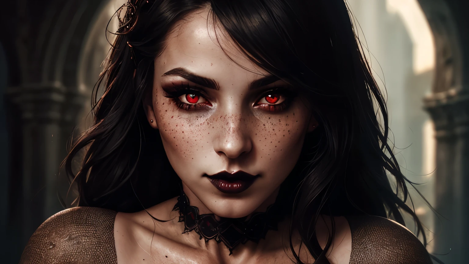 (best quality, hyperdetailed photography:1.2), beautiful lady, freckles, gothic dark makeup, soft light, perfect breast, cover, (detailed beautiful face, detail skin texture, ultra-detailed body:1.1) sexy vampire girl, red eyes, perfect body, skull, blood