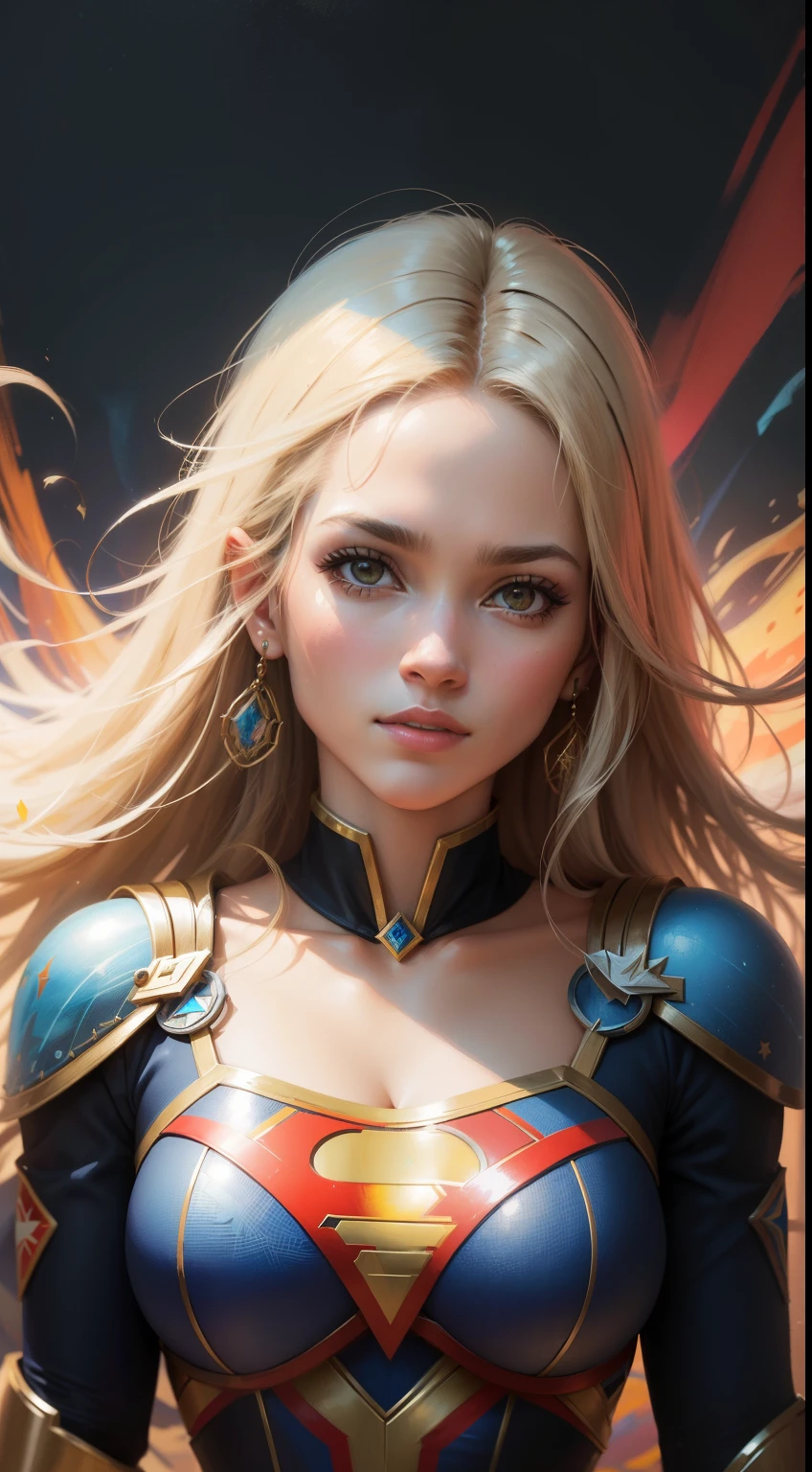 (melhor qualidade),(parte mestre),(Ultra Detalhado),(4K resolution),(extremamente detalhado),Pintura expressionista abstrata "Hipérion", Supergirl, tarot card, trends on Artstation, pintura digital, retrato da arte do conceito do personagem, assustador