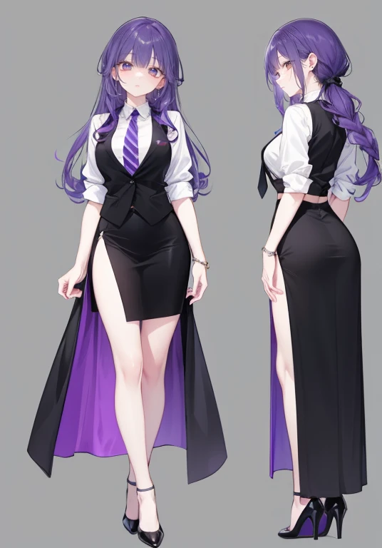 ((Perfect Face)),Purple Hair,Semi-long hair,1 female,bartender,,Black vest,tie,A shirt with rolled up sleeves,skirt,slit,High heels,,((Simple light color background)),((smile)),((Full Body)),((full body)),Character portrait,Character sheet,upright,Standing upright and looking straight ahead,