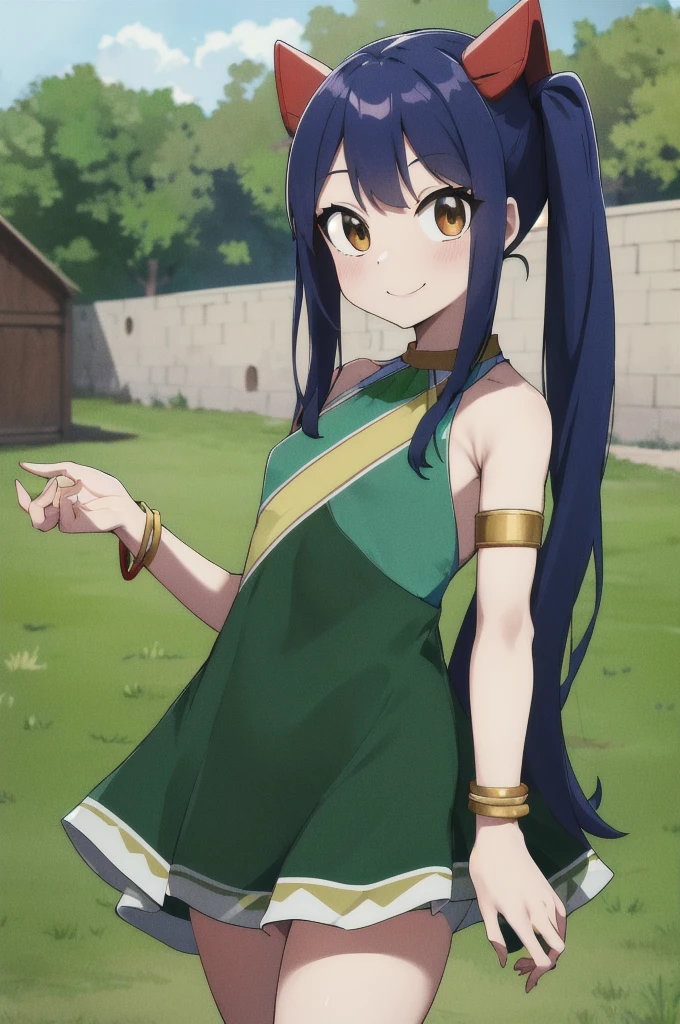 masterpiece, best quality, highres, aawendy, long hair, twintails, hair ornament, bare shoulders, green dress, sleeveless dress, armlet, bracelet, outdoors, standing, cowboy shot, smile,