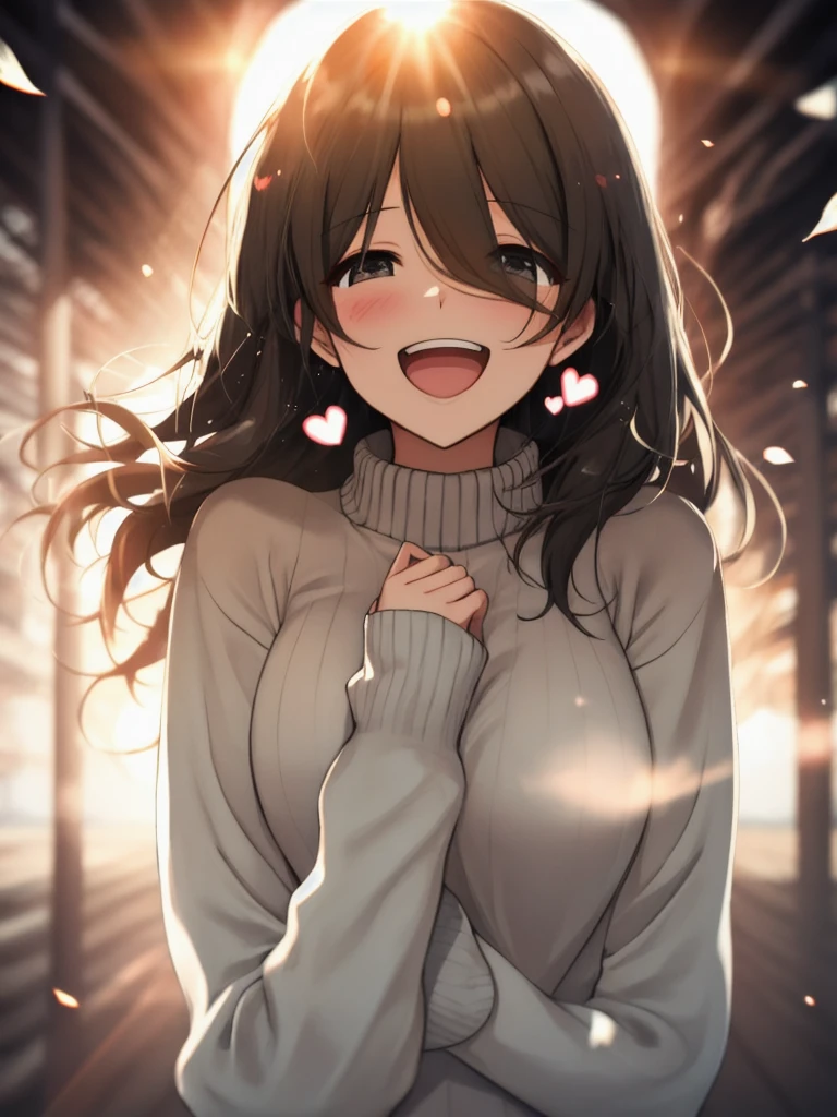 a girl, cosy sweater on, upper body, (huge Laughing:1.1), (open mouth:1.1), (wide open eyes:1.2), sun glare, bokeh, depth of field, blurry background, light particles, strong wind, (heart particles:1.1)