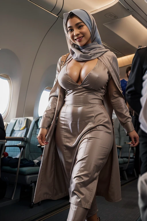 RAW, Best quality, high resolution, masterpiece: 1.3), beautiful Malay woman in hijab (iu:0.8),1woman, 、very detailed face、Detailed lips、Detailed eyes(、Smiling while walking slowly down the aisle)、( Long flight attendant uniform: 1,2)(long skirt),(Glamorous body)、(Big breasts)、thighs, Perfect fit, Perfect image realism, Background with: (Business Class aisle on the plane: 1.2), Cowboy Shot, Deep background - in , detailed costumes, perfect lighting, hyper-realism, (photorealistic: 1.4), maximum resolution 8K, (masterpiece), highly detailed, professional