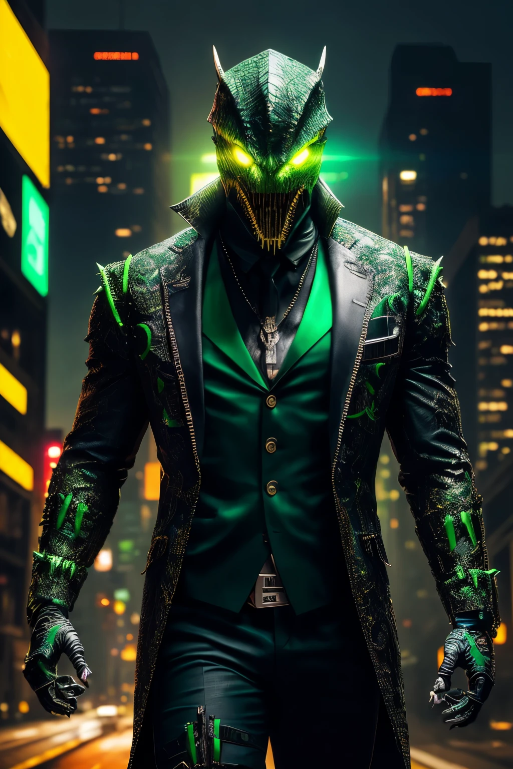 (extremely detailed 8k wallpaper), a medium shot photo of green cyberpunk Grim dressed as a scary dinosaur in a suit made of metal from marvel, horror theme, intricate, high detail, dramatic