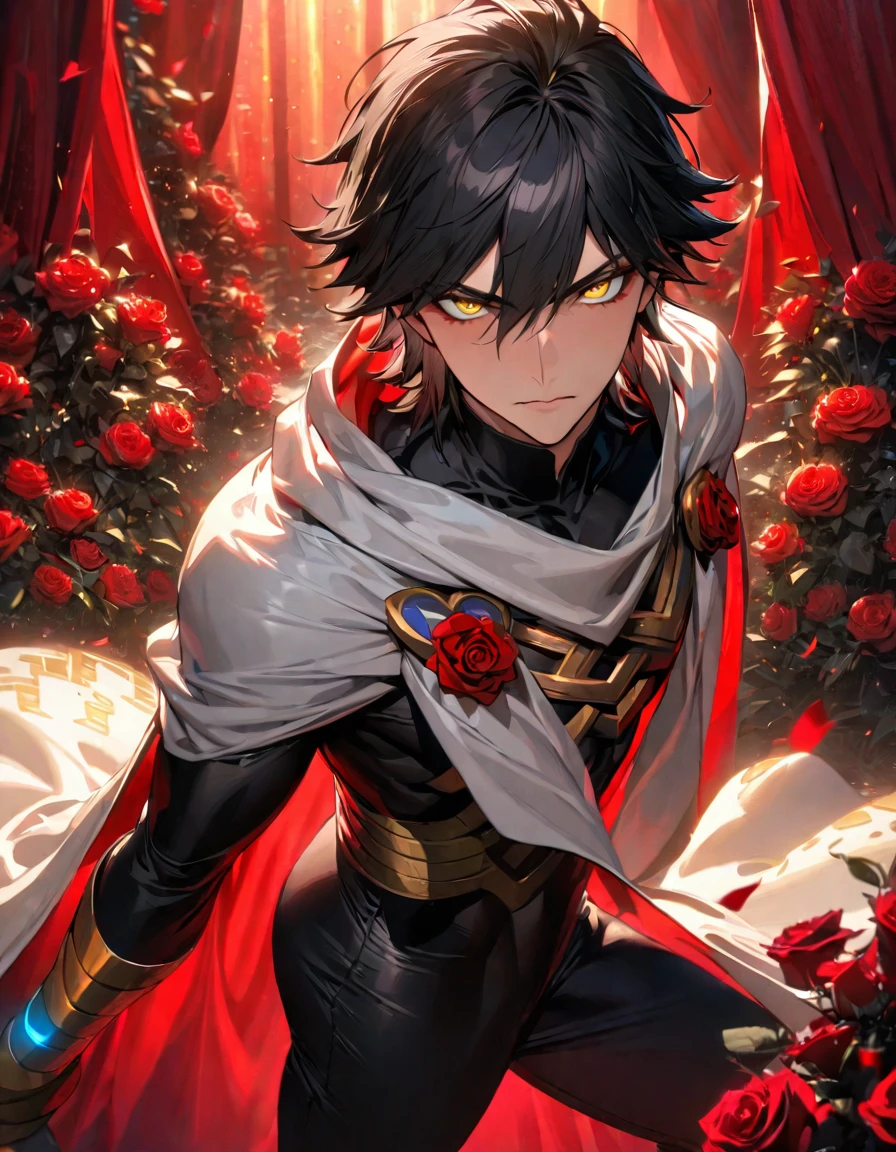 absurdres, highres, ultra detailed, HDR, masterpiece, extremely detailed face and eyes, beautiful eyes, perfect face, delicate features, Ozymandias, expressive yellow eyes, black hair, Fate Grand Order, solo, sexy man, handsome, in wonderland, red roses, red curtains, shining red lights, white cape, tight black shirt, black pants, patterns