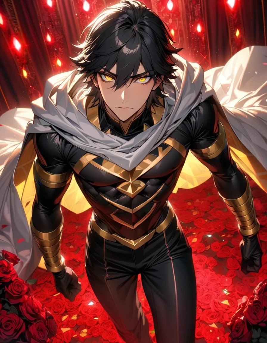 absurdres, highres, ultra detailed, HDR, masterpiece, extremely detailed face and eyes, beautiful eyes, perfect face, delicate features, Ozymandias, expressive yellow eyes, black hair, Fate Grand Order, solo, sexy man, handsome, in wonderland, red roses, red curtains, shining red lights, white cape, tight black shirt, black pants, patterns