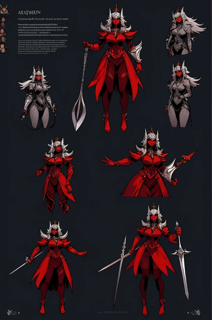 imagined a sfw dark persona curvy dominatrix dark elf queen black & red outfit holding a rapier sword, dark skin, sliver hair red eyes, spike, armor fantasy clothe