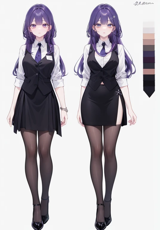 ((Perfect Face)),Purple Hair,Semi-long hair,1 female,bartender,,Black vest,tie,Shirt with rolled up sleeves,skirt,slit,High heels,,((Simple light color background)),((smile)),((Full Body)),((full body)),Character portrait,Character sheet,upright,Standing upright and looking straight ahead,